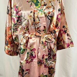 Pink Floral Satin Kimono Robe Tie Waist